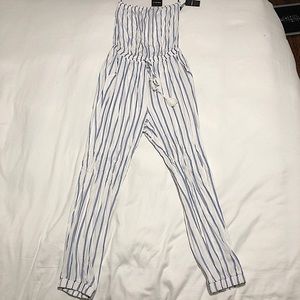 Blue and white strapless striped jumpsuit NWT